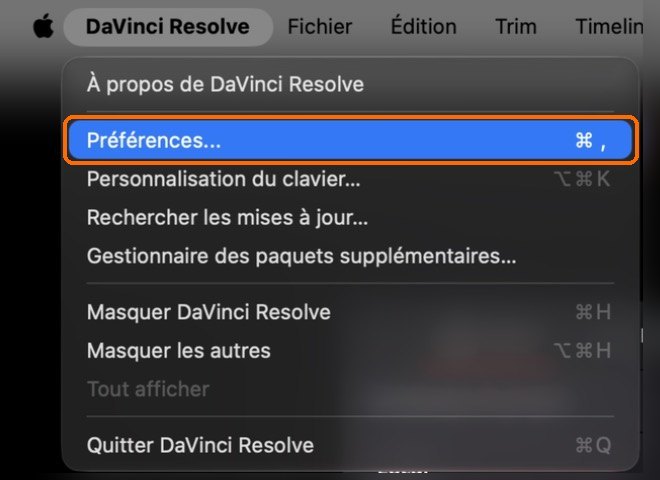 Le menu DaVinci Resolve, en haut à gauche de l'écran.