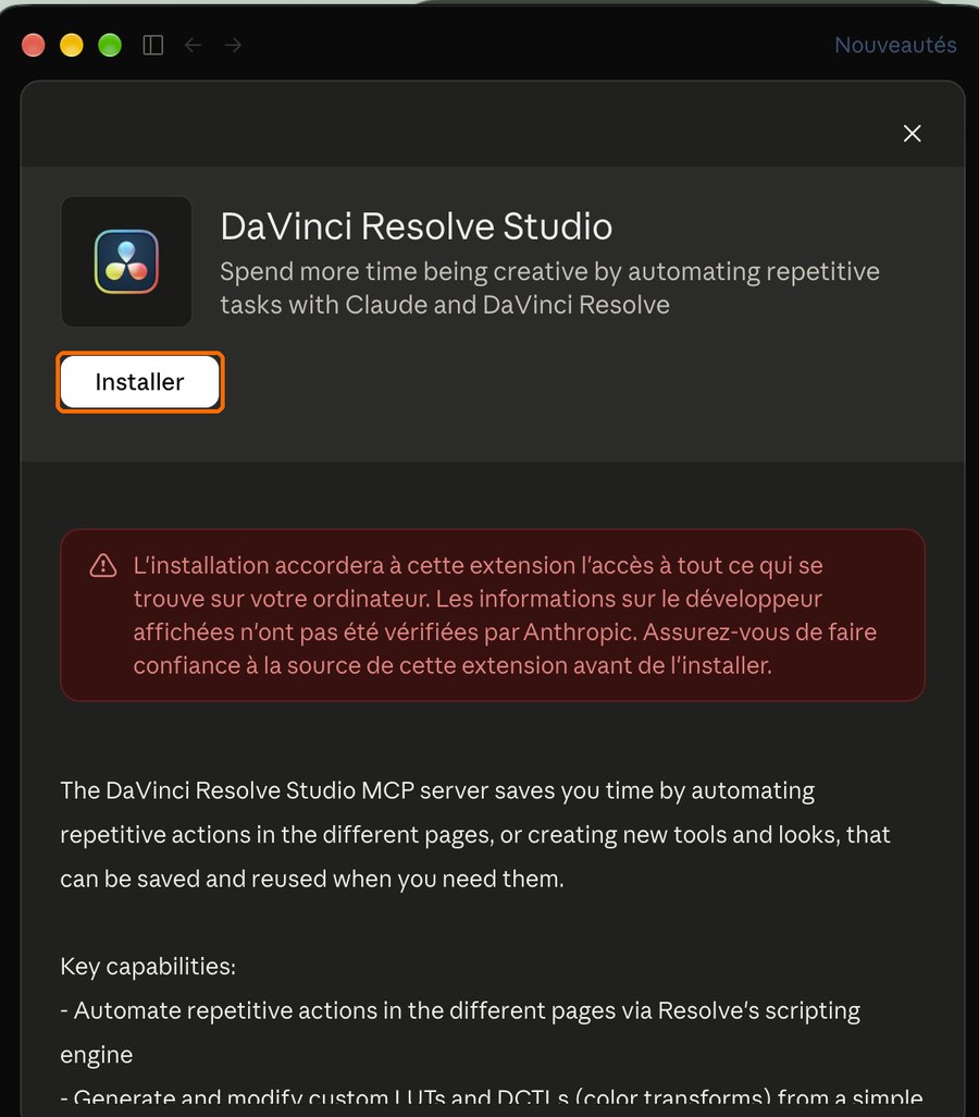 L'extension DaVinci Resolve Studio dans Claude : Installer.